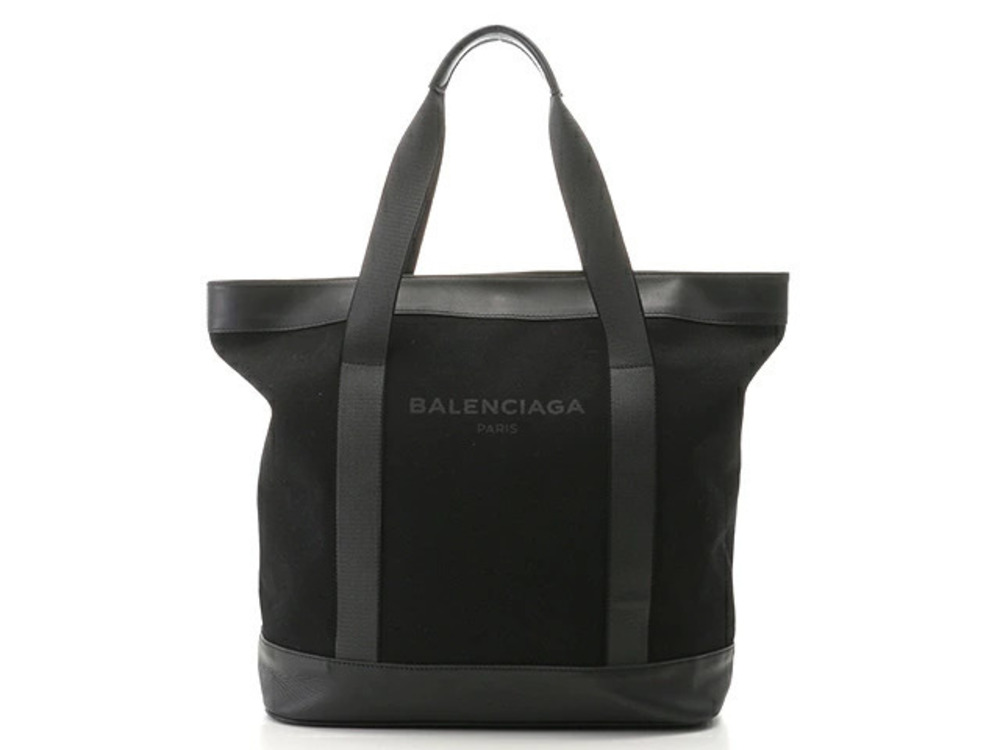 Balenciaga Navy Blue Tote Bag Canvas x Calfskin Black